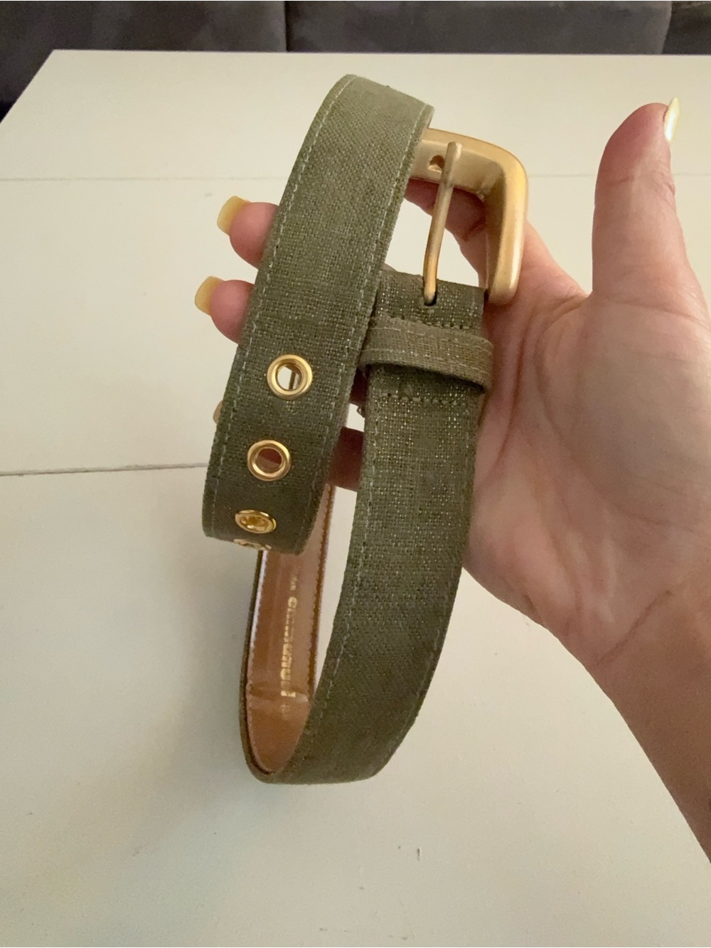 Olive Green Fabric Leather Belt Brushed Gold Hardware Vintage Quite Luxury XS